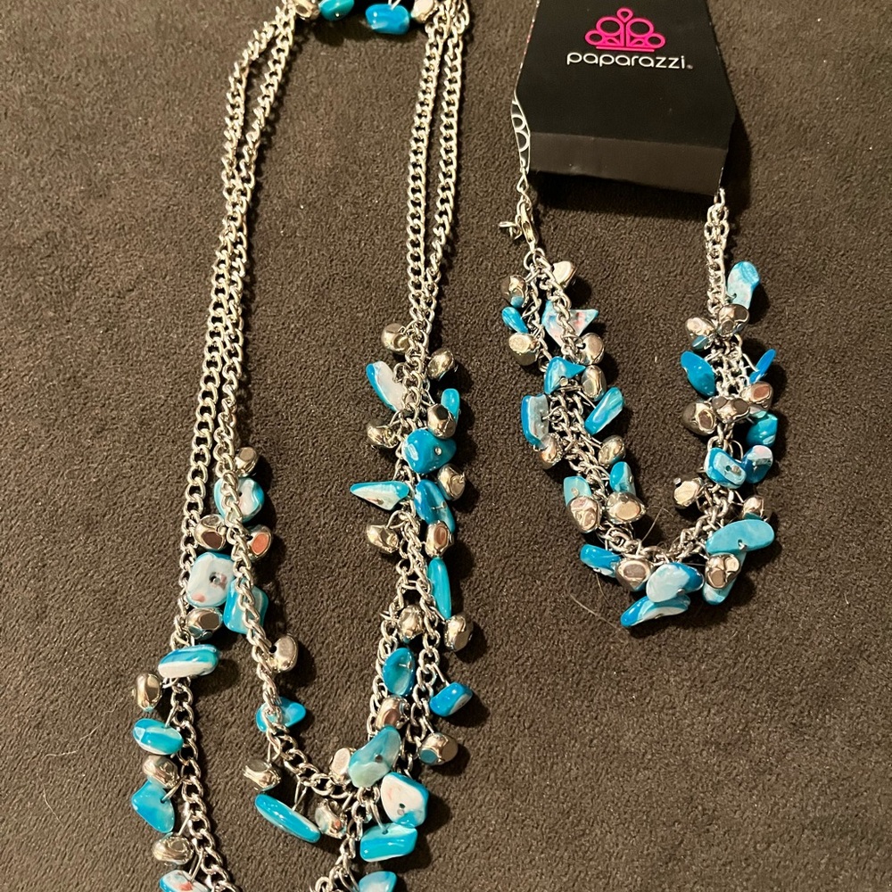 Paparazzi Blue and Silver Multi-Strand Necklace, bracelet & earrings set